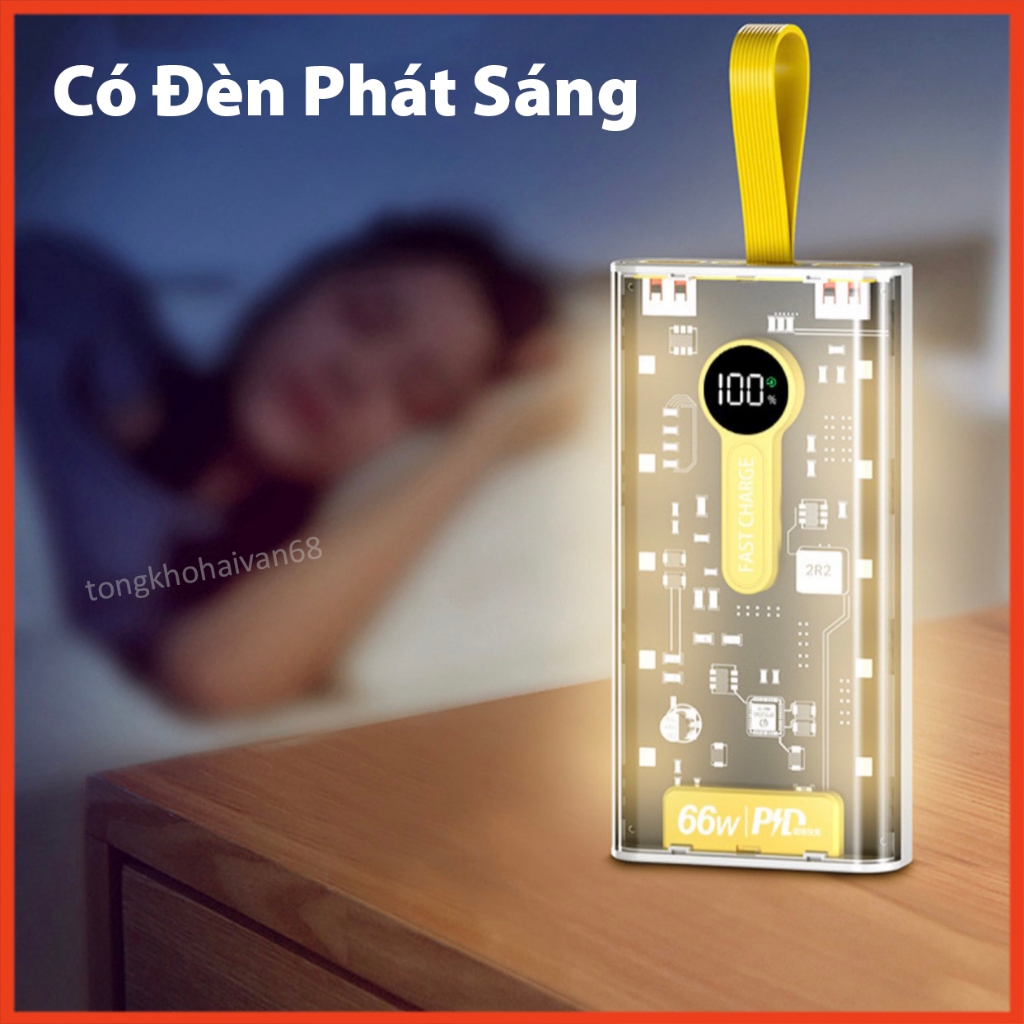 Sạc Dự Phòng Trong Suốt 20000mAh Với Cổng Sạc Nhanh 22.5w và PD 20W Kèm 4 Đầu Sạc Màn Hình LED Thiết Kế Đơn Giản