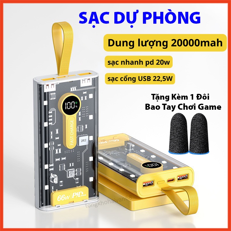 Sạc Dự Phòng Trong Suốt 20000mAh Với Cổng Sạc Nhanh 22.5w và PD 20W Kèm 4 Đầu Sạc Màn Hình LED Thiết Kế Đơn Giản