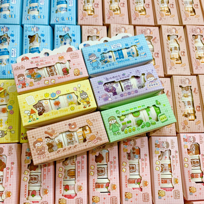 Hộp 4 cuộn băng keo Washi hoạt hình dễ thương dùng trang trí sổ tay