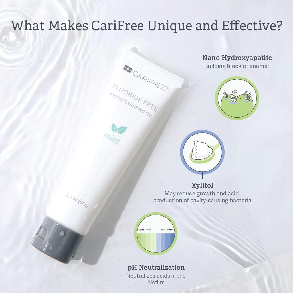 Gel làm sạch răng không chứa Fluoride CARIFREE FLUORIDE FREE TOOTH CLEANSING GEL tái khoáng men răng 65g của Mỹ