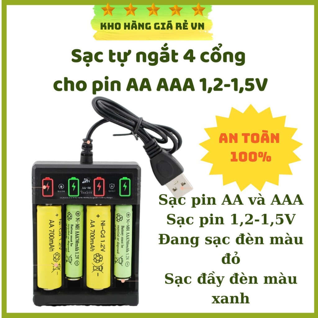 Bộ sạc nhanh 4 cổng tự ngắt pin tiểu AA  và pin đũa AAA  điện áp 1,2 có đèn led báo chuyên dụng sạc loại pin NiMH NiCd