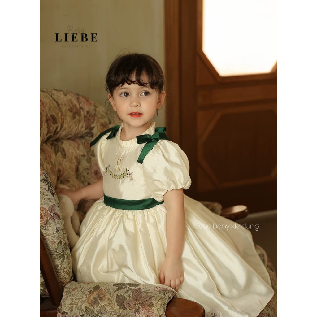 Váy Tiểu thư cho bé gái chất liệu lụa tafta thêu hoa xanh dễ thương size 10-38kg
