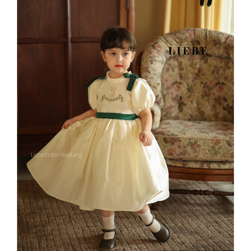 Váy Tiểu thư cho bé gái chất liệu lụa tafta thêu hoa xanh dễ thương size 10-38kg