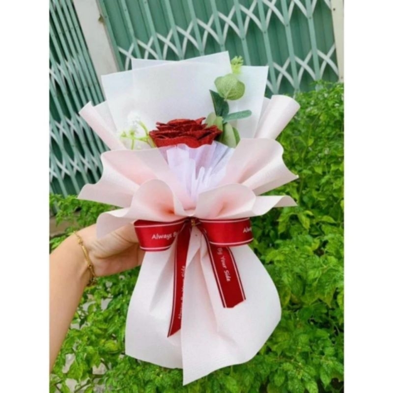 Hoa hồng nhũ Kim tuyến 1 bông kèm túi