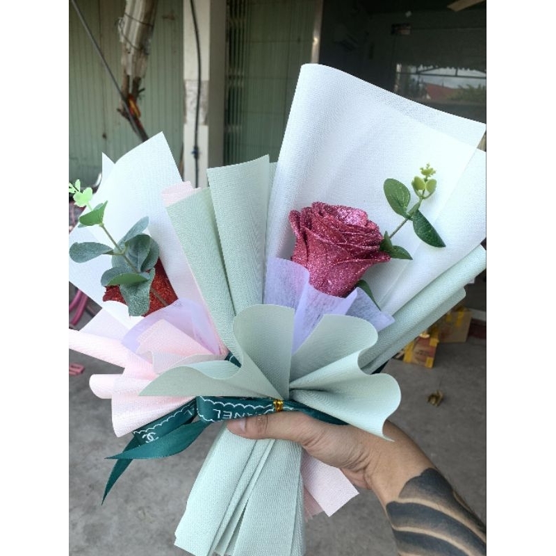 Hoa hồng nhũ Kim tuyến 1 bông kèm túi