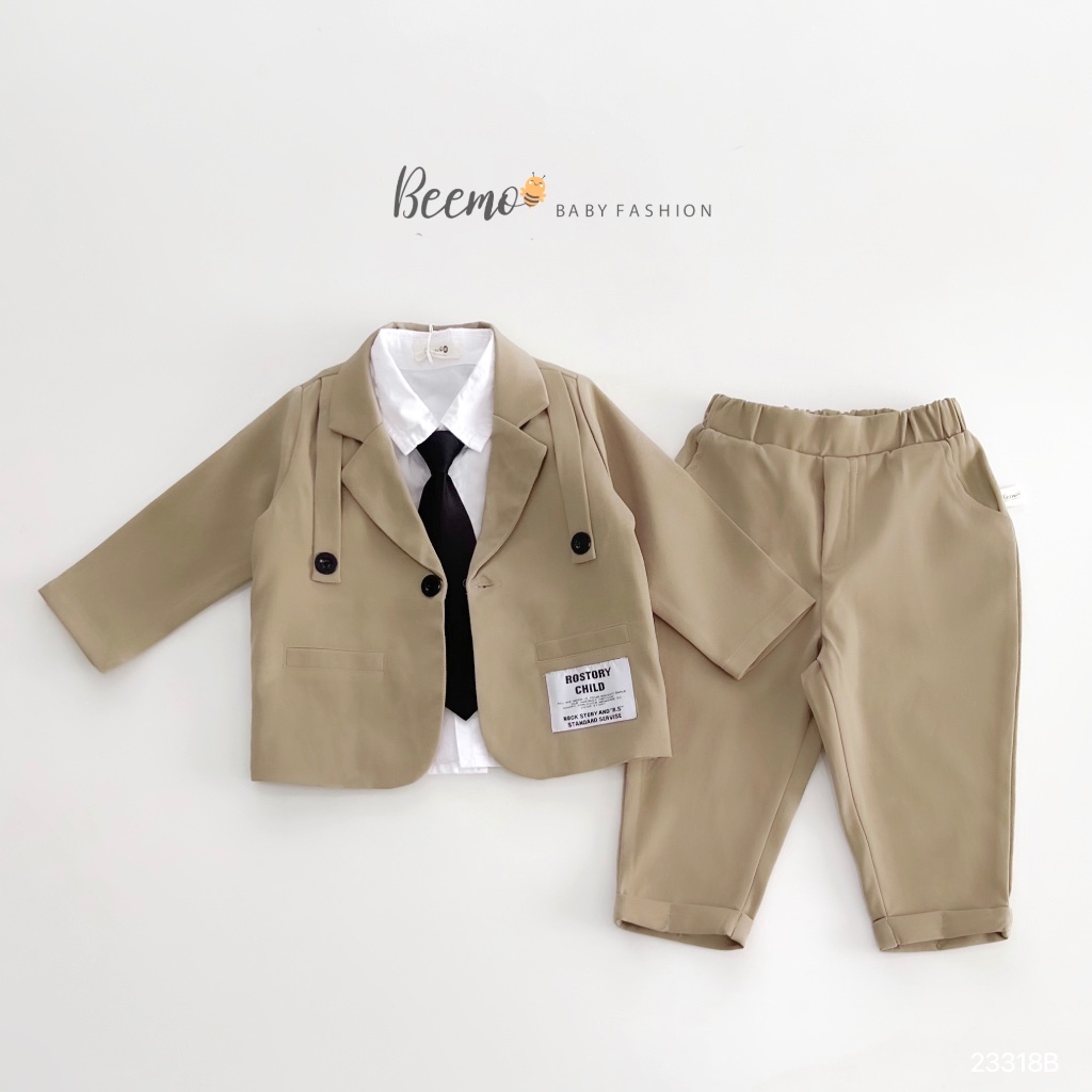 Bộ vest công tử một khuy cho bé trai Beemo,Chất liệu chéo hàn dày dặn,mềm mại, giữ ấm tốt,Thiết kế cổ trụ kéo khoá B390
