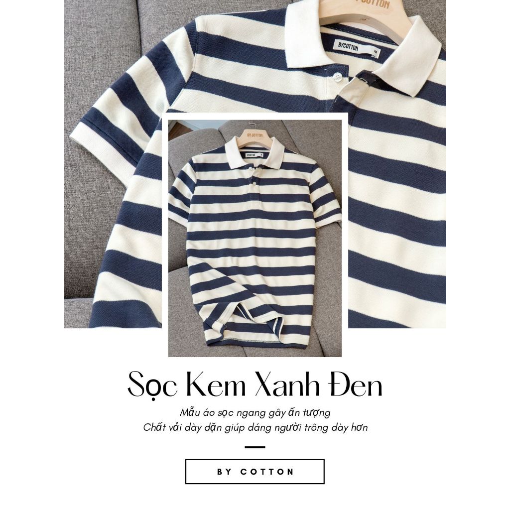 Áo Thun Nam Cao Cấp Polo Sọc Kem Xanh Đen BY COTTON