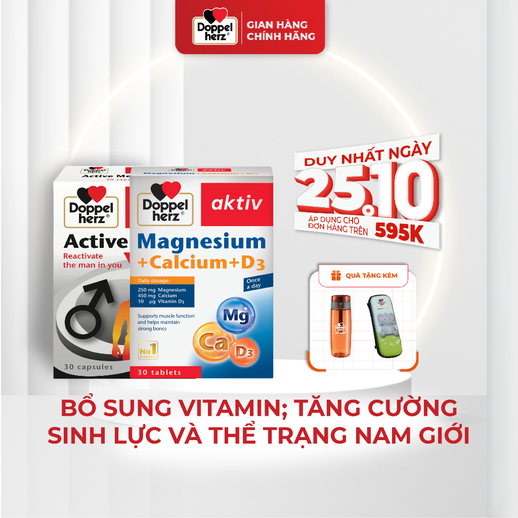 Bộ đôi bổ sung canxi, tăng cường sức khỏe nam giới Doppelherz Magnesium Canxi D3 + Active Men Plus (02 hộp, 30 viên/hộp)