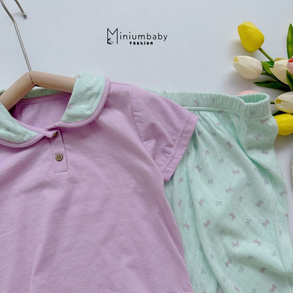 Bộ đồ cộc tay quần dài cho bé  áo cổ sen nhiều họa tiết chất liệu 100% cotton thoáng mát Miniumbaby SB1537