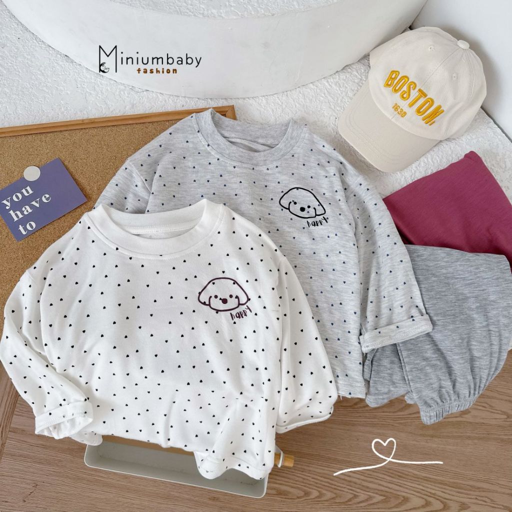 Bộ quần áo thu đông cho bé chất liệu cotton hình chú cún chấm bi, mặc đi học đi chơi đều xinh miniumbabyfashion SB1758