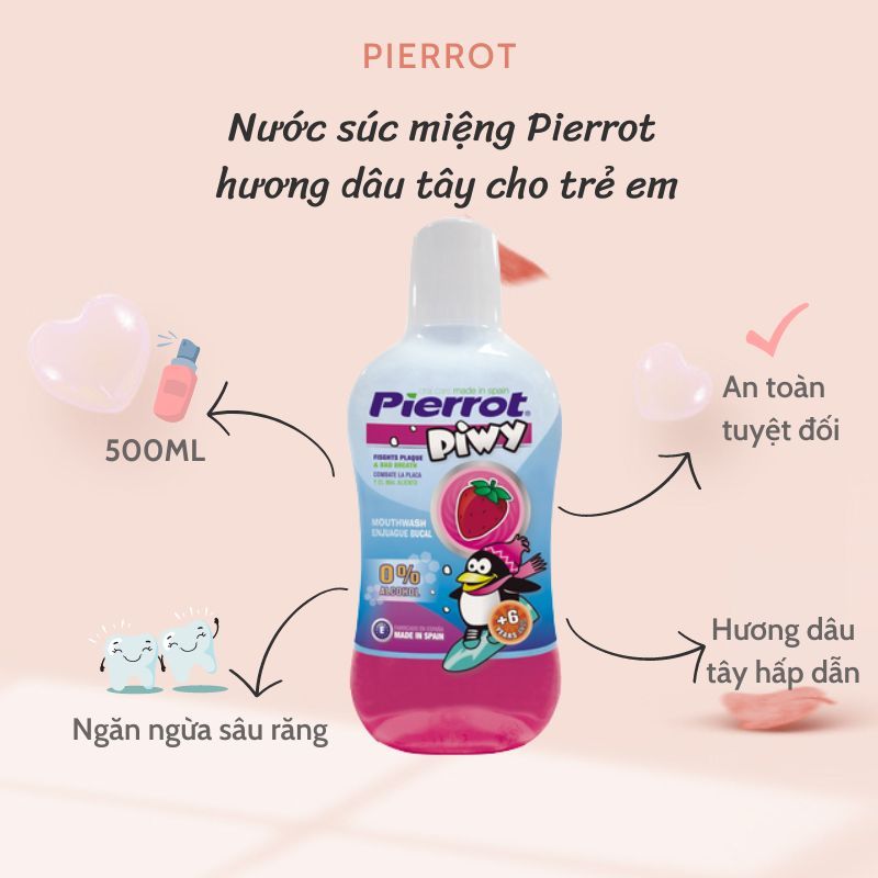 Nước súc miệng hương dâu tây cho trẻ em Pierrot không cay giúp hơi thở thơm mát 500ML
