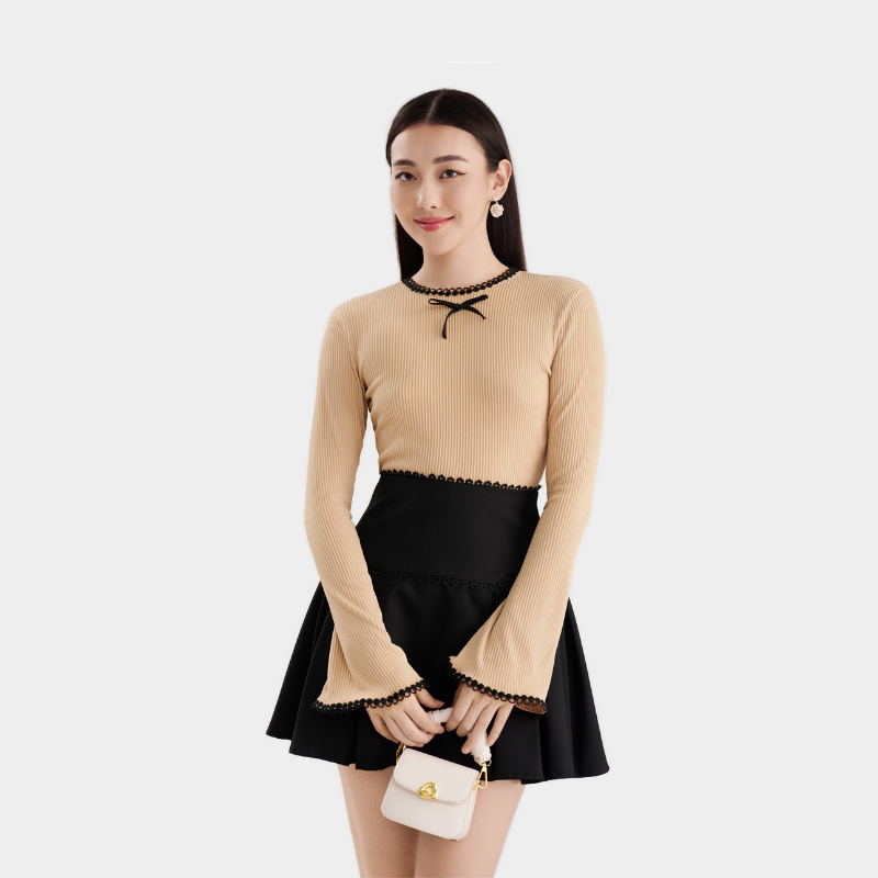 Áo Thun Kiểu Crop MARC FASHION Tay Dài Viền Ren Đính Nơ Ngực - FAST076323