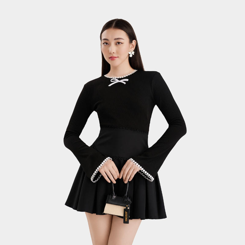 Áo Thun Kiểu Crop MARC FASHION Tay Dài Viền Ren Đính Nơ Ngực - FAST076323