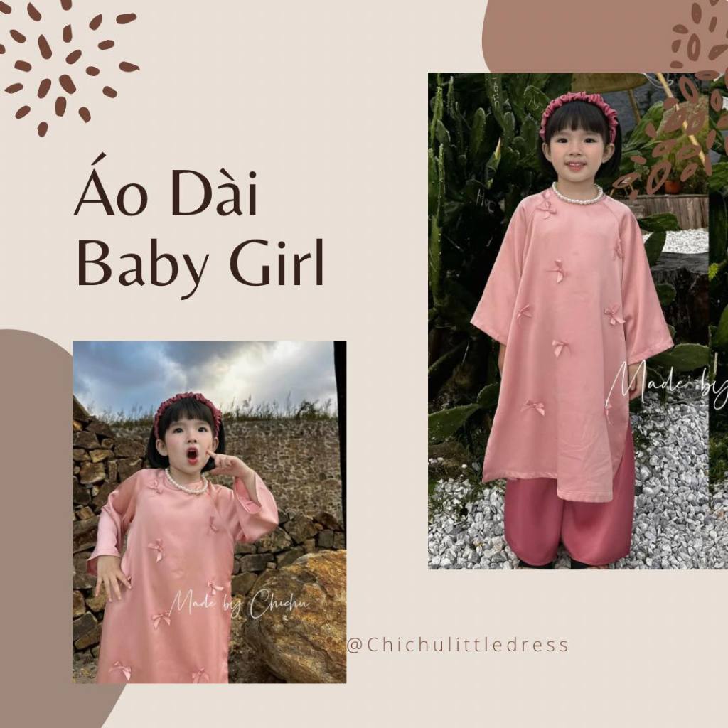 Áo Dài Tết Bé Gái Cách Tân Nơ Nhí CHICHU Lụa Ngọc Trai Mềm Dáng Rộng - Tặng Kèm Bờm và Dây Ngọc Trai