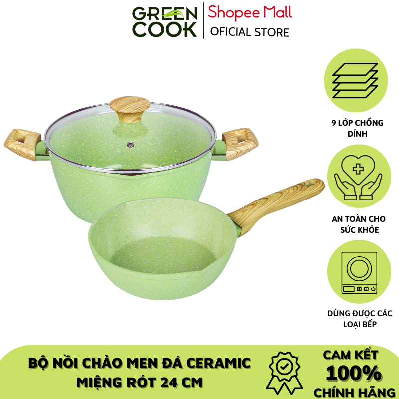 Combo nồi và chảo men đá chống dính miệng rót 231-24cm Green Cook