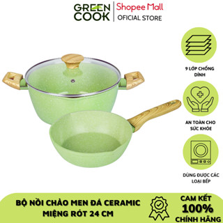 Combo nồi và chảo 24cm men đá chống dính PFOA free miệng rót 231-24cm Green Cook