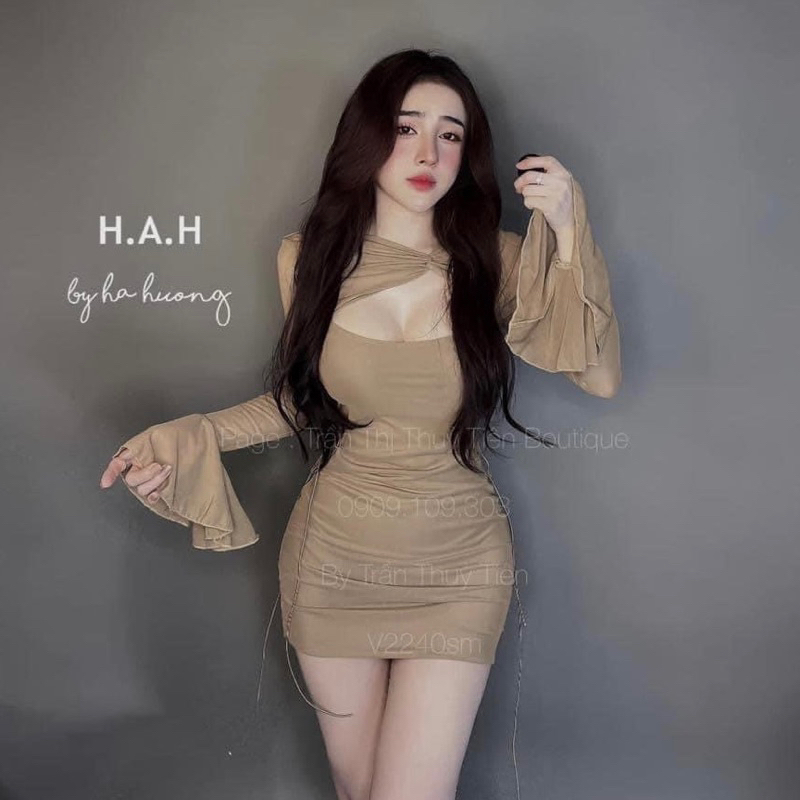 váy body thắt chéo nơ tay loe dáng ngắn nhún hông