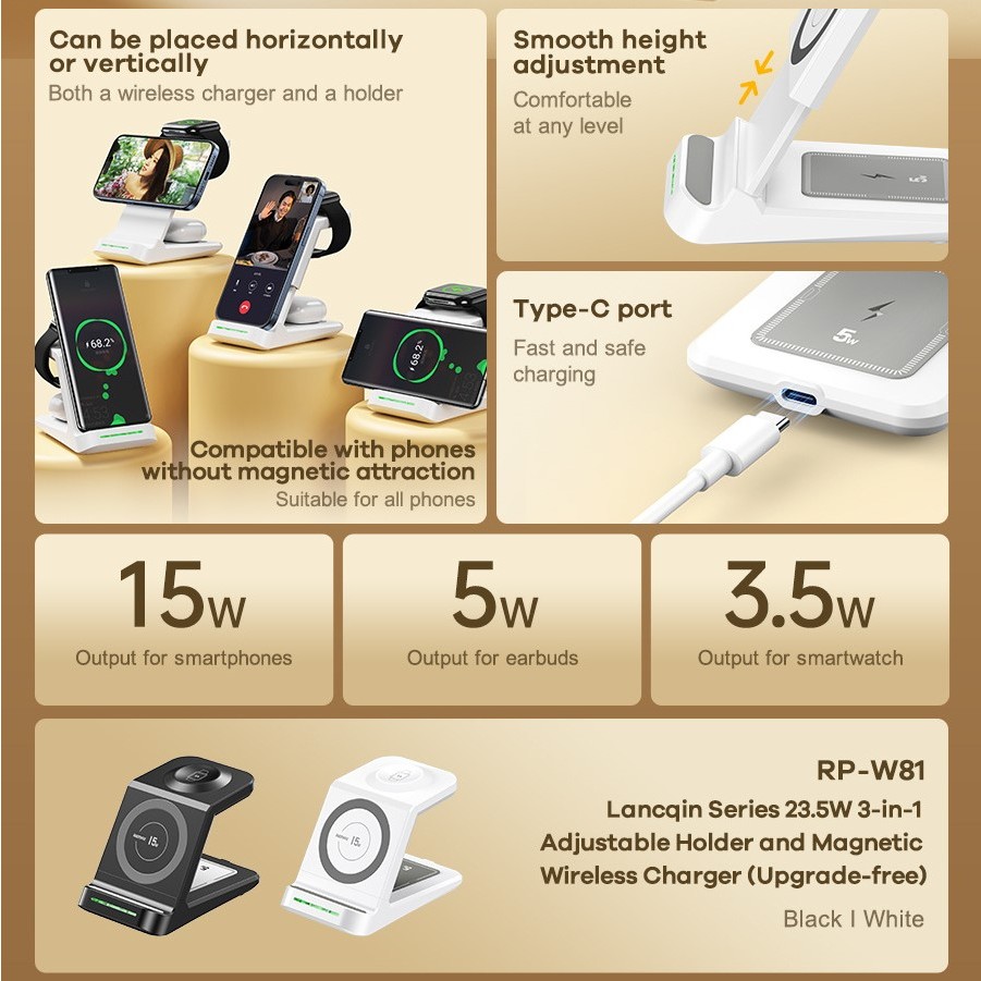 Đế Sạc Không Dây 3 in 1 Sạc Nhanh 23.5 W - Remax RP-W81 - Bảo Hành 12 Tháng Chính Hãng