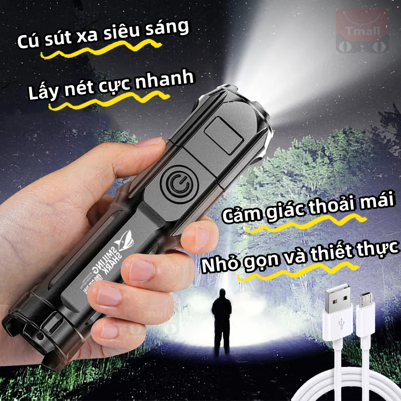 Đèn pin cầm tay LED siêu sáng ABS sạc siêu sáng, XHP 18650 siêu sáng, đèn pin mini zoom xa gần chống thấm nước LED chùm