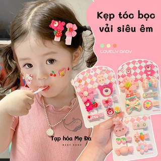 Túi 5 kẹp tóc bọc vải không đau tóc cho bé gái đính hình gấu dâu/trái cây phong cách hoạt hình màu kẹo ngọt đáng yêu