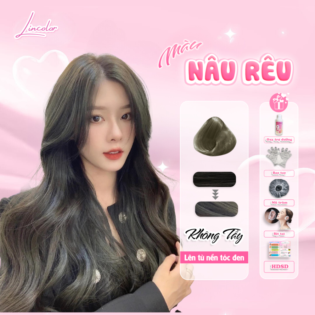 Thuốc nhuộm tóc, thuốc nhuộm tóc màu NÂU TÂY ÁNH RÊU, LIN_COLOR, tặng kèm oxy trợ nhuộm và bao tay,trùm đầu, bịt tai