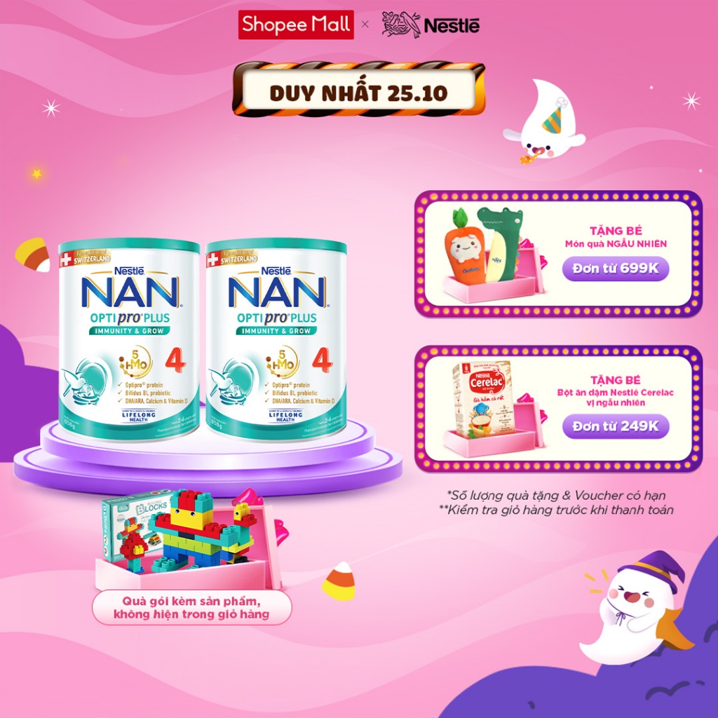 [Tặng Bộ lắp ghép nhựa mềm]  Bộ 2 lon Sữa bột Nestlé NAN OPTIPRO PLUS 4 850g/lon với 5HMO Giúp tiêu hóa tốt