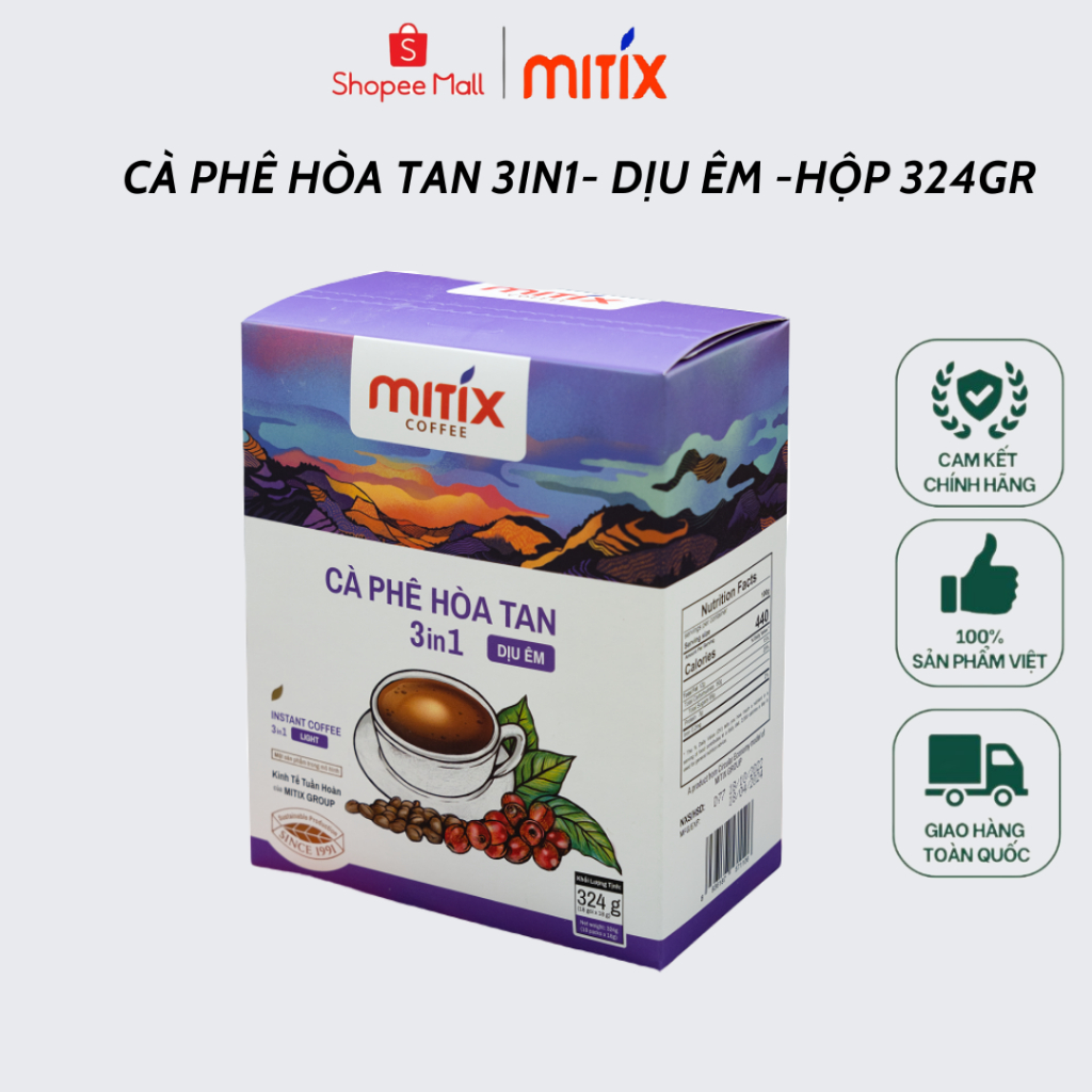 Cà phê hòa tan 3in1 Mitix Dịu êm, Hộp giấy 324g (18 gói x 18gr)