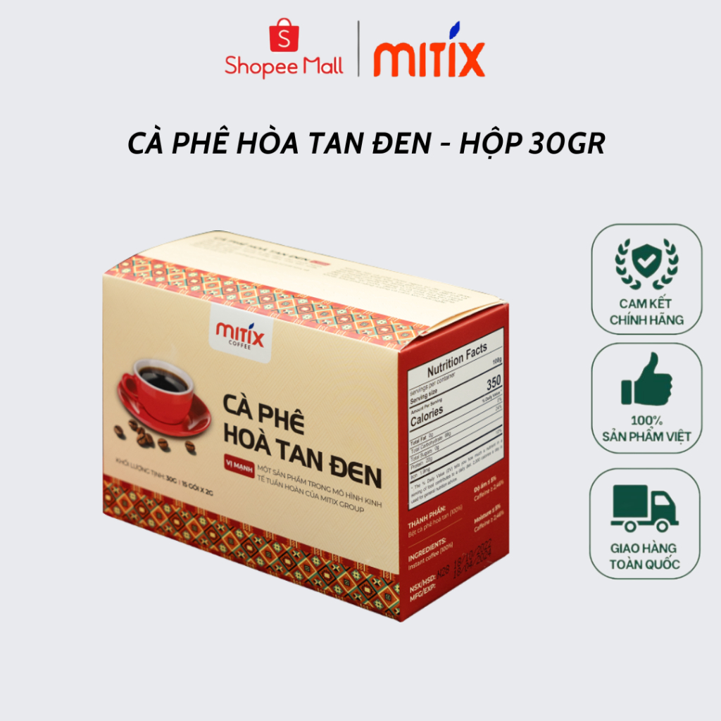 Cà phê hòa tan đen Mitix, hộp 30g nguyên chất, hương vị nguyên bản.