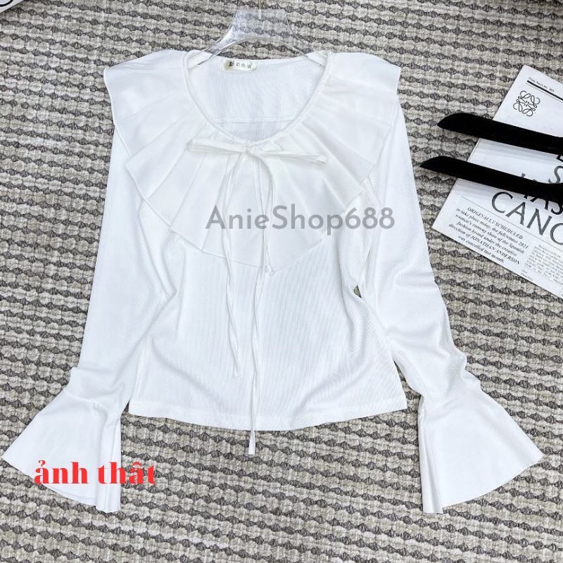 Áo len tăm cổ tim bèo xếp ly to Chất len tăm co giãn gấu tay loe ,Áo Bèo Cổ Nhọn Dài Tay Chất Thun Tăm ANIESHOP688