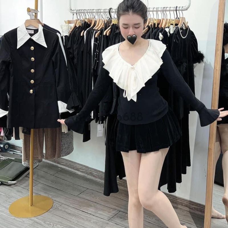 Áo len tăm cổ tim bèo xếp ly to Chất len tăm co giãn gấu tay loe ,Áo Bèo Cổ Nhọn Dài Tay Chất Thun Tăm ANIESHOP688