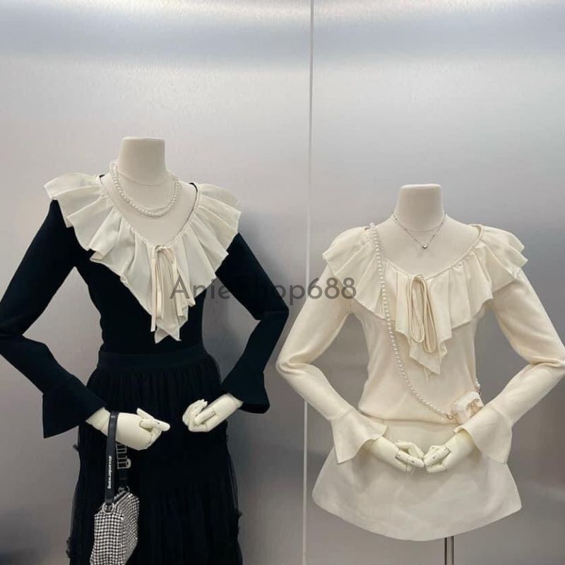 Áo len tăm cổ tim bèo xếp ly to Chất len tăm co giãn gấu tay loe ,Áo Bèo Cổ Nhọn Dài Tay Chất Thun Tăm ANIESHOP688