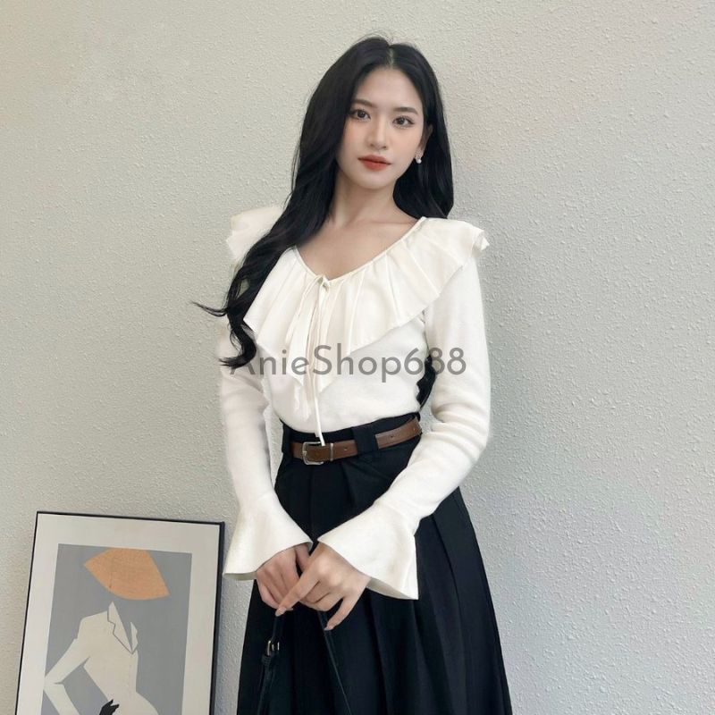 Áo len tăm cổ tim bèo xếp ly to Chất len tăm co giãn gấu tay loe ,Áo Bèo Cổ Nhọn Dài Tay Chất Thun Tăm ANIESHOP688