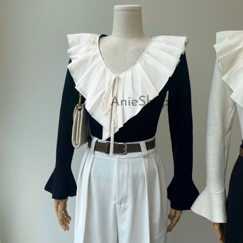 Áo len tăm cổ tim bèo xếp ly to Chất len tăm co giãn gấu tay loe ,Áo Bèo Cổ Nhọn Dài Tay Chất Thun Tăm ANIESHOP688