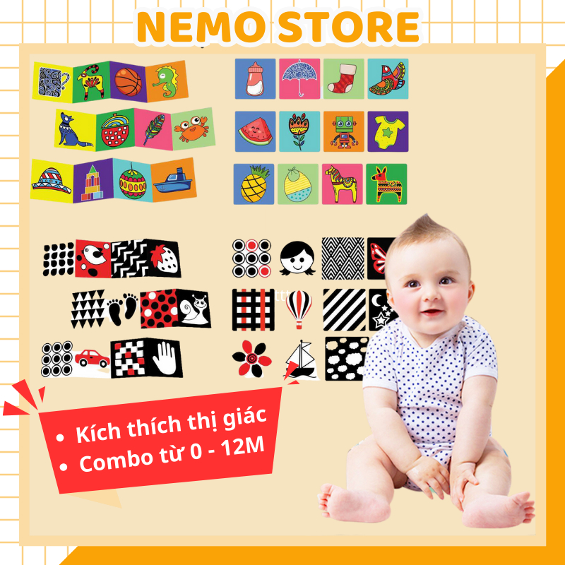 Thẻ đen trắng cho trẻ sơ sinh NEMO STORE tranh kích thích thị giác dạng gấp Montessori đồ chơi hình ảnh cho bé