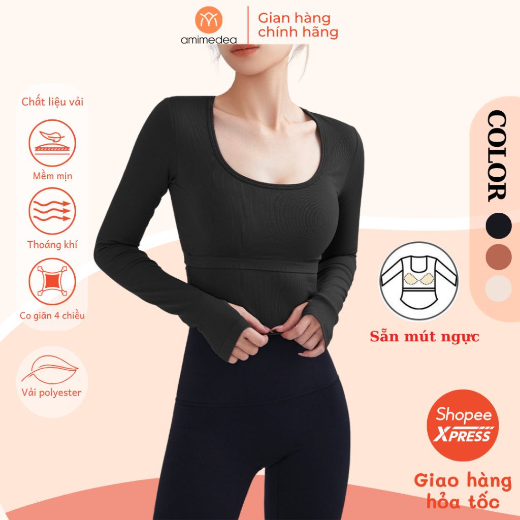 Áo tập gym yoga nữ dài tay AMI MEDEA cổ chữ U chất vải mềm mịn, co giãn, thấm hút mồ hôi T1191