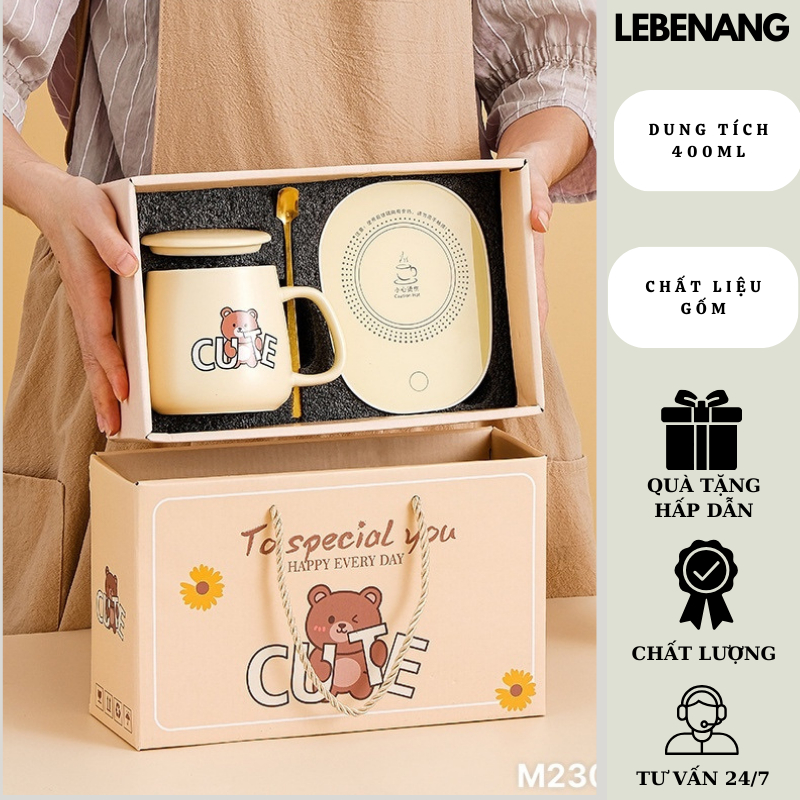 Set quà tặng cốc gốm + đế cắm giữ nhiệt tặng kèm thìa fullbox túi xách đẹp Lebenang