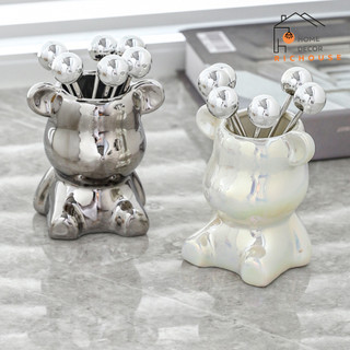 Bộ nĩa, dĩa trái cây inox không gỉ kèm hộp đựng hình gấu Bearick mạ bạc cao cấp sang trọng