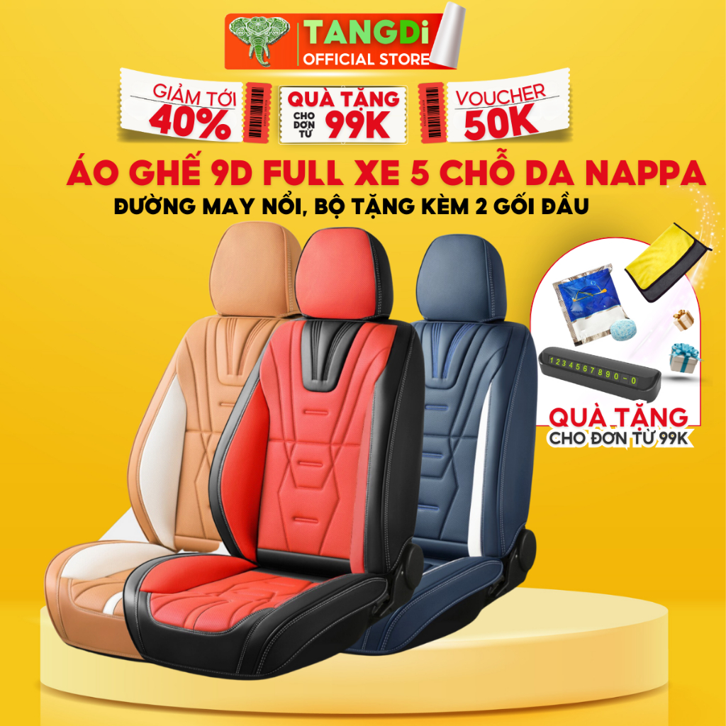 A11 Áo ghế 9D full xe 5 chỗ da nappa đường may nổi, bộ tặng kèm 2 gối đầu TANGDi mã MT325