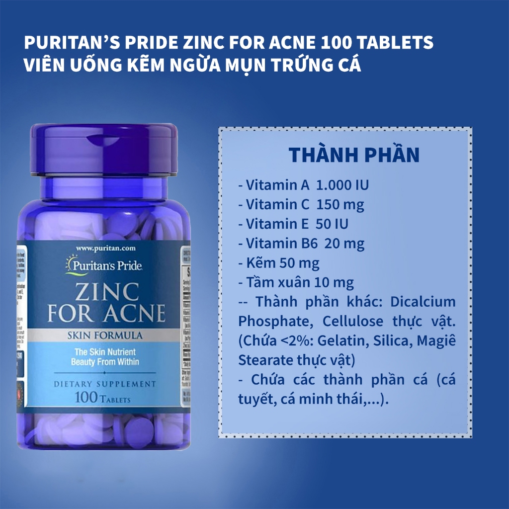 Combo đẹp da, kiềm dầu, giảm mụn nội tiết, chống oxy hóa Zinc For Acne & Tinh dầu hoa anh thảo 500mg Puritan's Pride