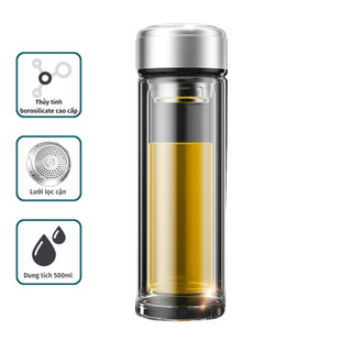 Bình giữ nhiệt thủy tinh 2 lớp chắc chắn, bình thủy tinh pha trà Mitomo BGH - 0505 500ml - Hàng chính hãng