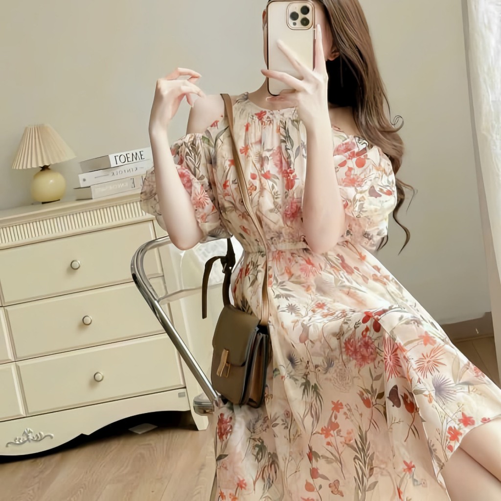 Đầm Voan Hoa Cổ Yếm Chạy Thun Eo