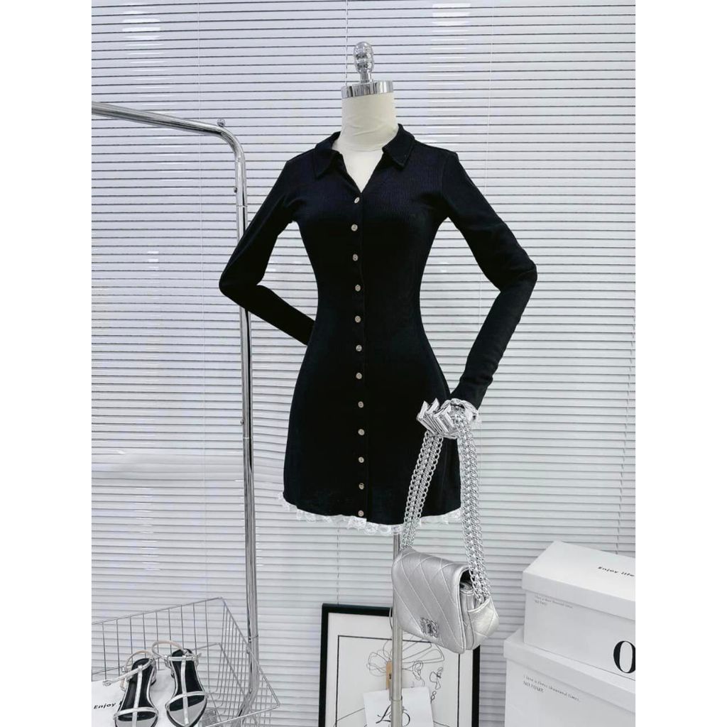 Đầm body đen thun gân tay dài viền ren NÀNG CLOSET