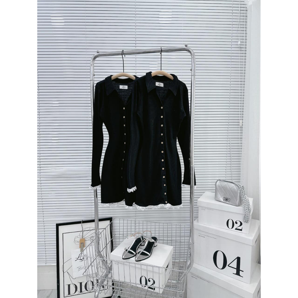 Đầm body đen thun gân tay dài viền ren NÀNG CLOSET