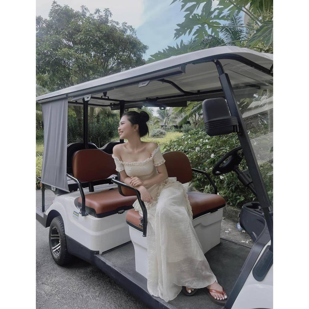 Đầm maxi trễ vai nhún chỉ màu kem/đen NÀNG CLOSET