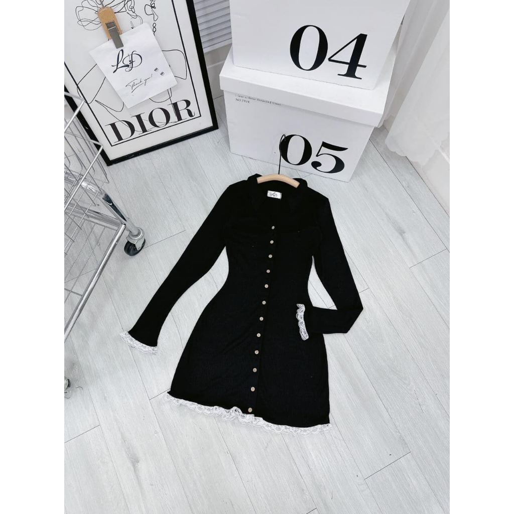 Đầm body đen thun gân tay dài viền ren NÀNG CLOSET