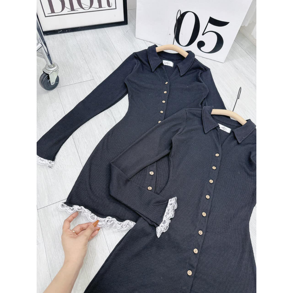 Đầm body đen thun gân tay dài viền ren NÀNG CLOSET