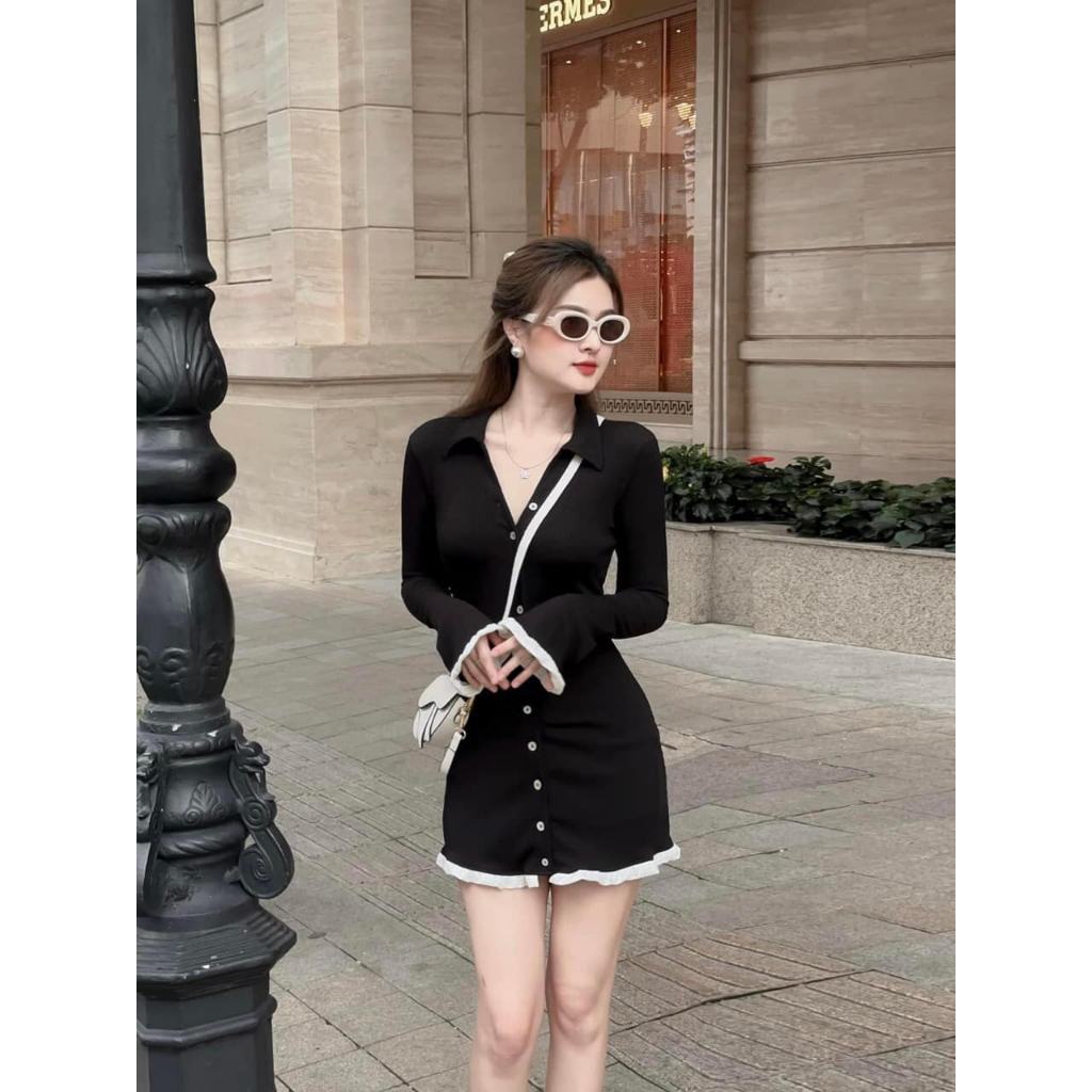 Đầm body đen thun gân tay dài viền ren NÀNG CLOSET