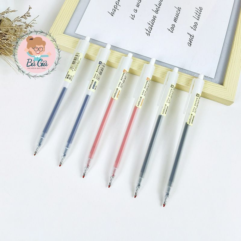 Bút Bi Mực Gel Muji Thân Mờ Ngòi 0.5mm 3 Màu Xanh Đen Đỏ Viết Trơn Ra Đều Bấm Nút VP14