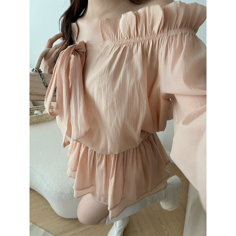 Áo váy trễ vai bo chun nơ ngực thắt eo giấu quần