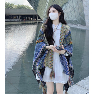 Khăn Áo Choàng Len Boho Thổ Cẩm Nữ Mùa Thu Đông Kiểu Khoác Ngoài Chất Len Móc Dày Ấm 106*135cm